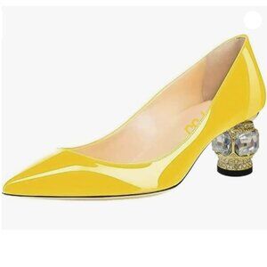 FSJ Yellow Patent Leather Heels with Crystal Embellished Heel